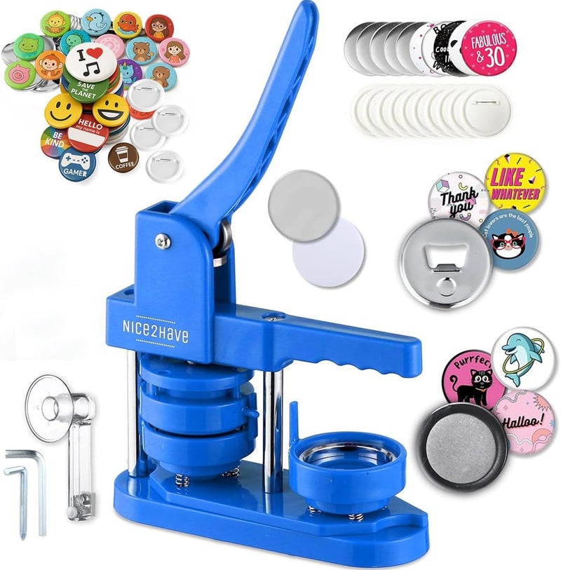 nice2have Button Maker Machine – 2.25 Inch (58mm) – Single Mold, Pin Maker Machine Kit with 100 Buttons, 5 Fridge Magnets, 5 Bottle Openers, Cutters, and 500+ Button Designs for DIY Crafts, Blue - Image 1